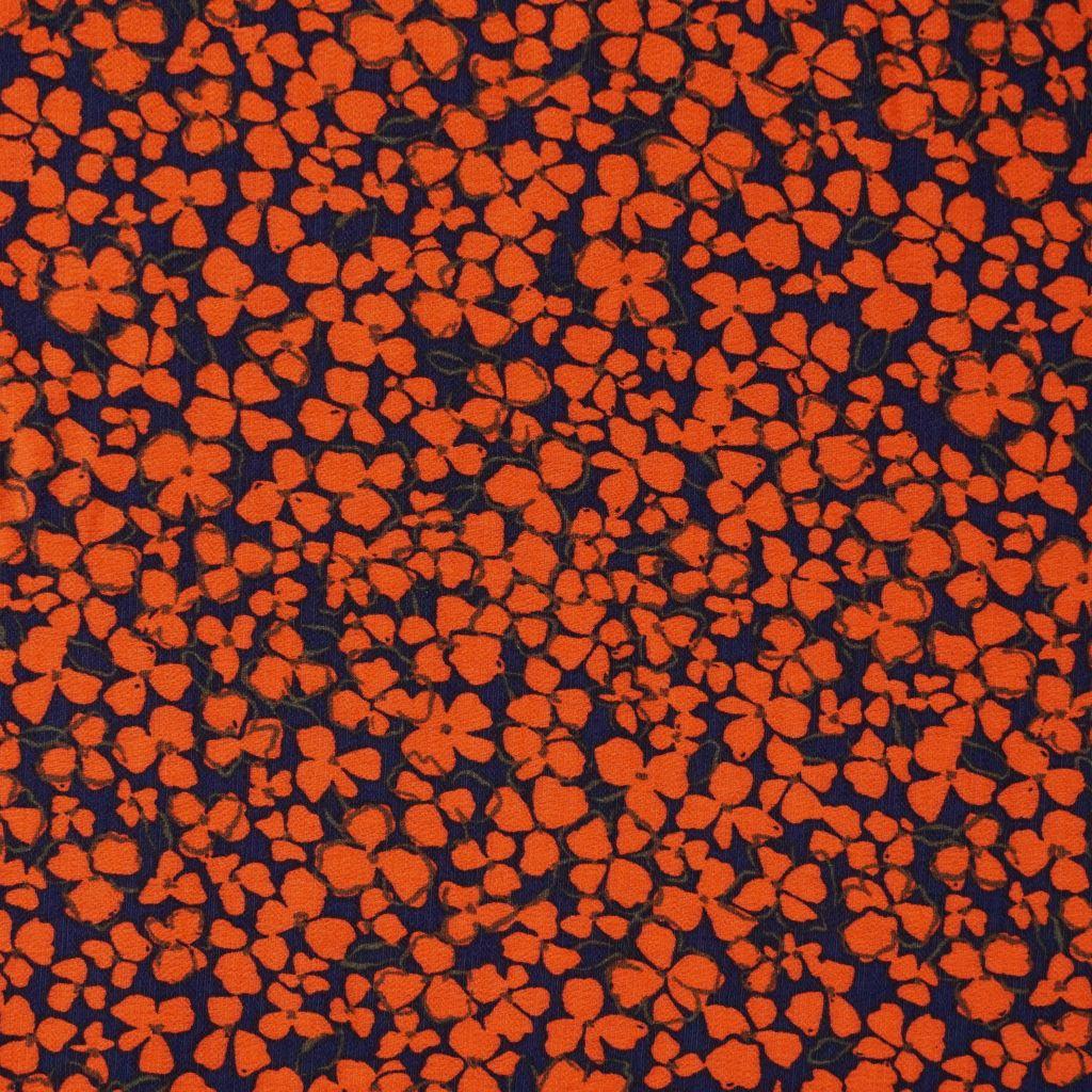 Viskose Crepe mit Nylon rotorange Blüten auf dunkelblau
